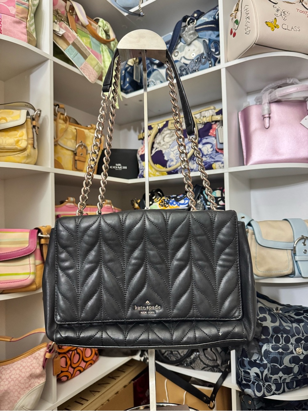kate spade Black Quilted Leather Shoulder Bag with Chain Straps